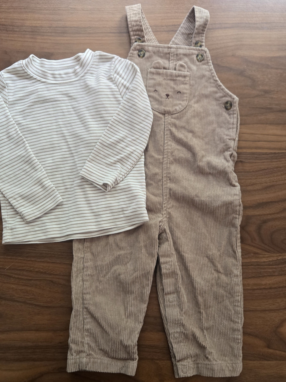 Carters Baby Overalls Set | Tan Corduroy Dungarees & Striped Long Sleeve 18m